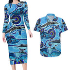 Sharks Aboriginal Australia Couples Matching Long Sleeve Bodycon Dress and Hawaiian Shirt Indigenous Art Blue