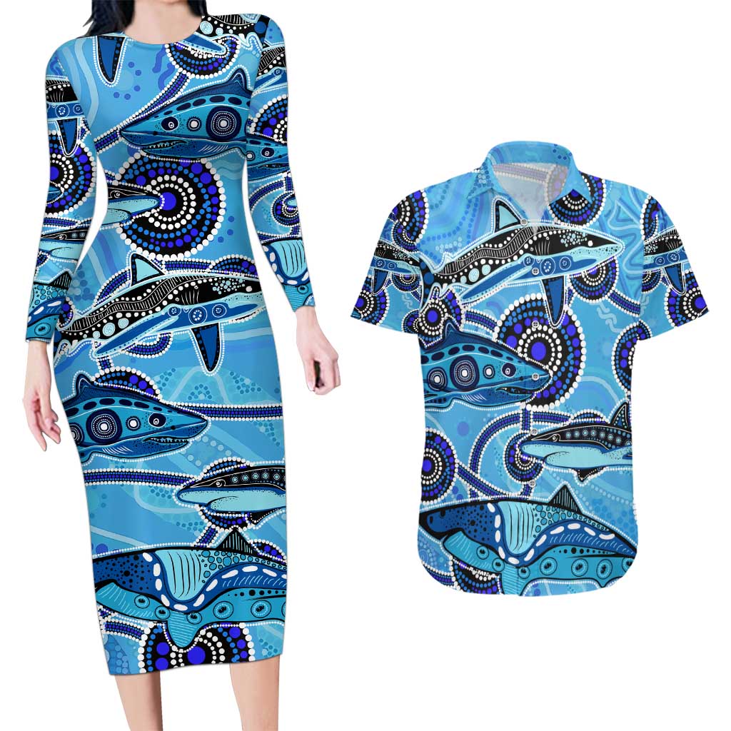 Sharks Aboriginal Australia Couples Matching Long Sleeve Bodycon Dress and Hawaiian Shirt Indigenous Art Blue