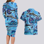 Sharks Aboriginal Australia Couples Matching Long Sleeve Bodycon Dress and Hawaiian Shirt Indigenous Art Blue