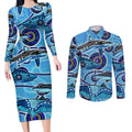 Sharks Aboriginal Australia Couples Matching Long Sleeve Bodycon Dress and Long Sleeve Button Shirt Indigenous Art Blue