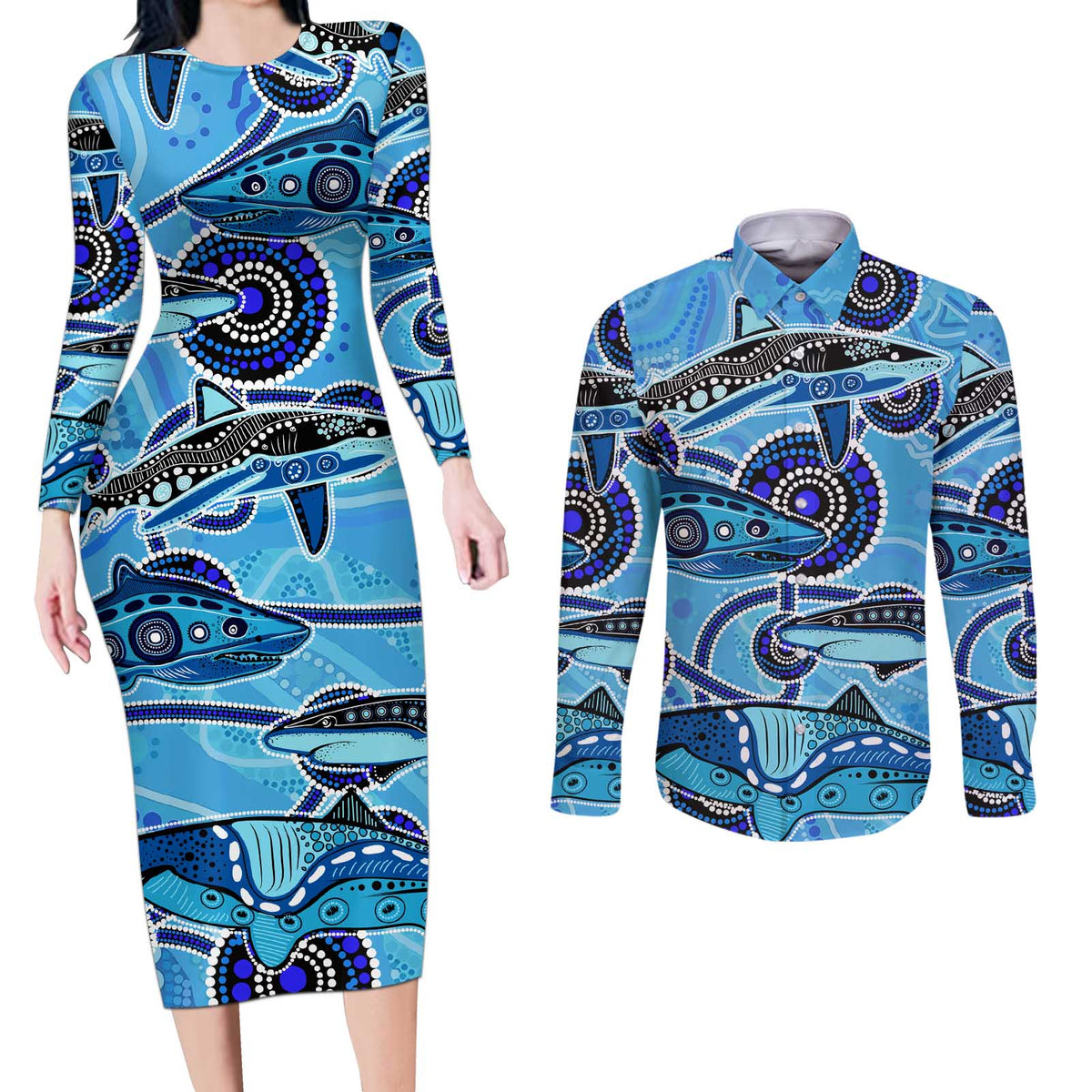 Sharks Aboriginal Australia Couples Matching Long Sleeve Bodycon Dress and Long Sleeve Button Shirt Indigenous Art Blue