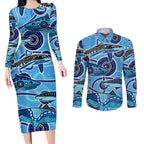 Sharks Aboriginal Australia Couples Matching Long Sleeve Bodycon Dress and Long Sleeve Button Shirt Indigenous Art Blue