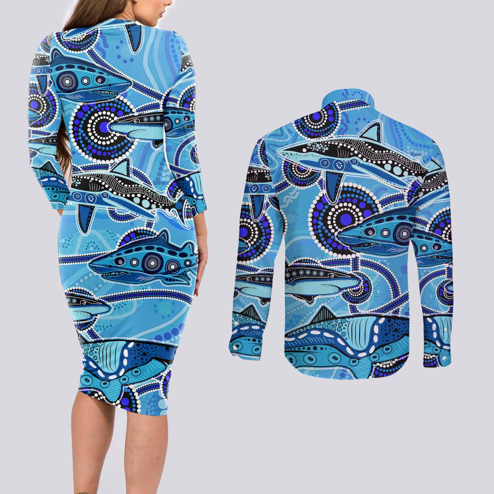 Sharks Aboriginal Australia Couples Matching Long Sleeve Bodycon Dress and Long Sleeve Button Shirt Indigenous Art Blue
