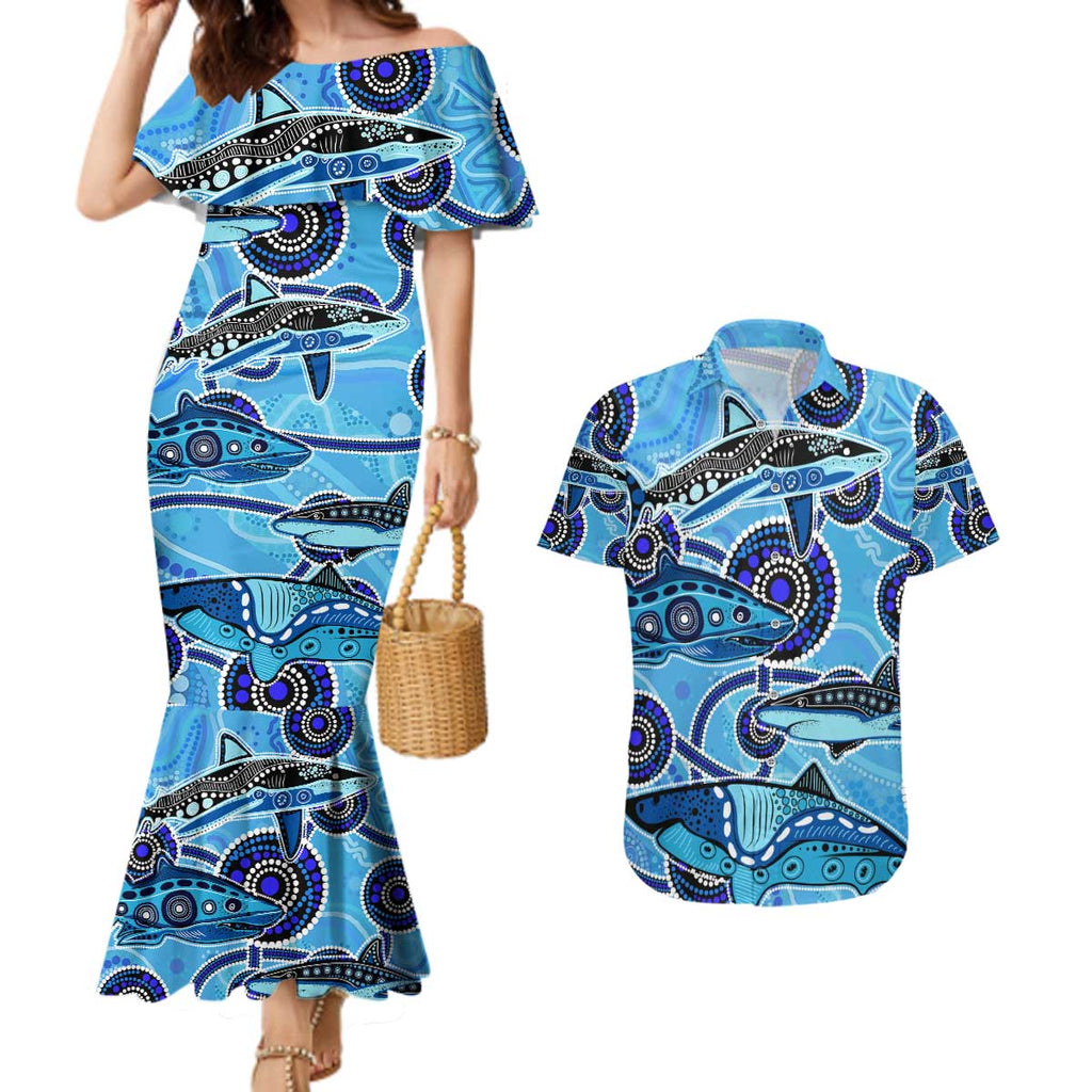 Sharks Aboriginal Australia Couples Matching Mermaid Dress and Hawaiian Shirt Indigenous Art Blue