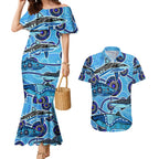 Sharks Aboriginal Australia Couples Matching Mermaid Dress and Hawaiian Shirt Indigenous Art Blue