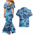 Sharks Aboriginal Australia Couples Matching Mermaid Dress and Hawaiian Shirt Indigenous Art Blue