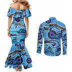 Sharks Aboriginal Australia Couples Matching Mermaid Dress and Long Sleeve Button Shirt Indigenous Art Blue