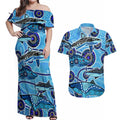 Sharks Aboriginal Australia Couples Matching Off Shoulder Maxi Dress and Hawaiian Shirt Indigenous Art Blue
