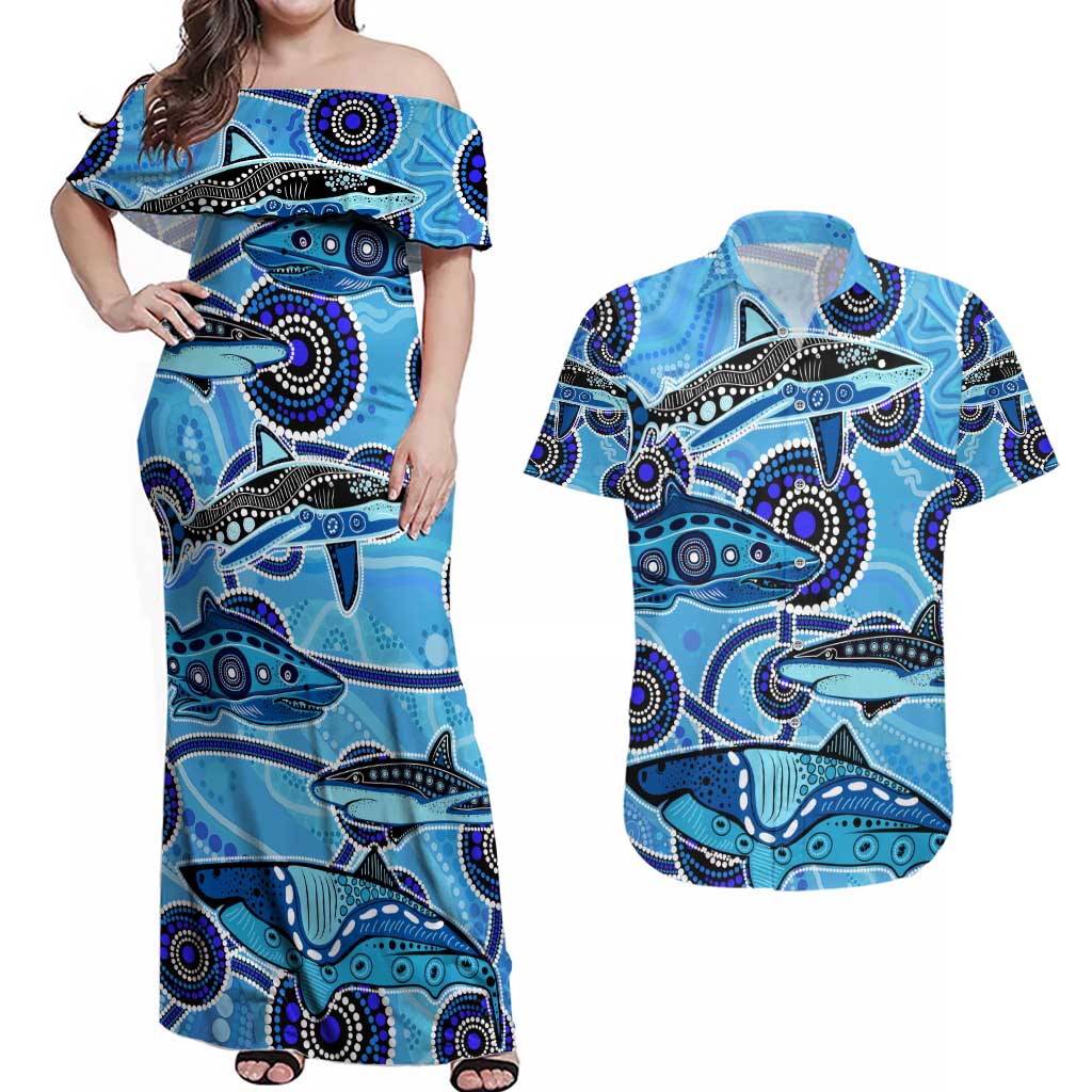 Sharks Aboriginal Australia Couples Matching Off Shoulder Maxi Dress and Hawaiian Shirt Indigenous Art Blue