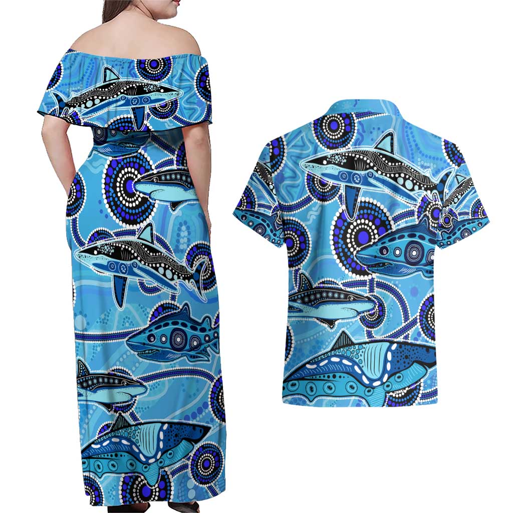 Sharks Aboriginal Australia Couples Matching Off Shoulder Maxi Dress and Hawaiian Shirt Indigenous Art Blue