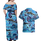 Sharks Aboriginal Australia Couples Matching Off Shoulder Maxi Dress and Hawaiian Shirt Indigenous Art Blue