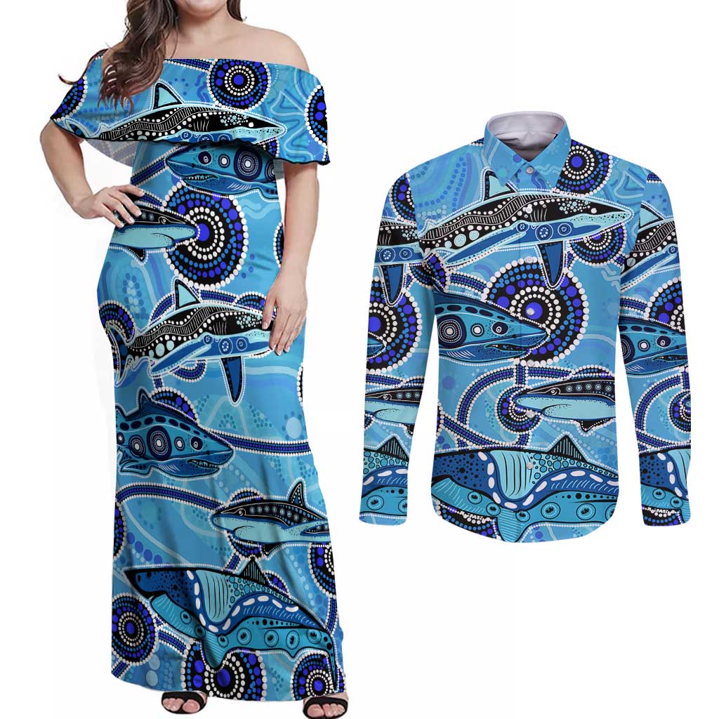 Sharks Aboriginal Australia Couples Matching Off Shoulder Maxi Dress and Long Sleeve Button Shirt Indigenous Art Blue