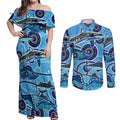 Sharks Aboriginal Australia Couples Matching Off Shoulder Maxi Dress and Long Sleeve Button Shirt Indigenous Art Blue