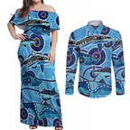 Sharks Aboriginal Australia Couples Matching Off Shoulder Maxi Dress and Long Sleeve Button Shirt Indigenous Art Blue