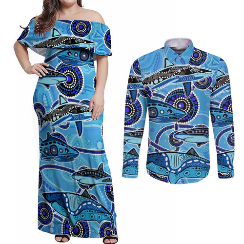 Sharks Aboriginal Australia Couples Matching Off Shoulder Maxi Dress and Long Sleeve Button Shirt Indigenous Art Blue