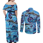 Sharks Aboriginal Australia Couples Matching Off Shoulder Maxi Dress and Long Sleeve Button Shirt Indigenous Art Blue
