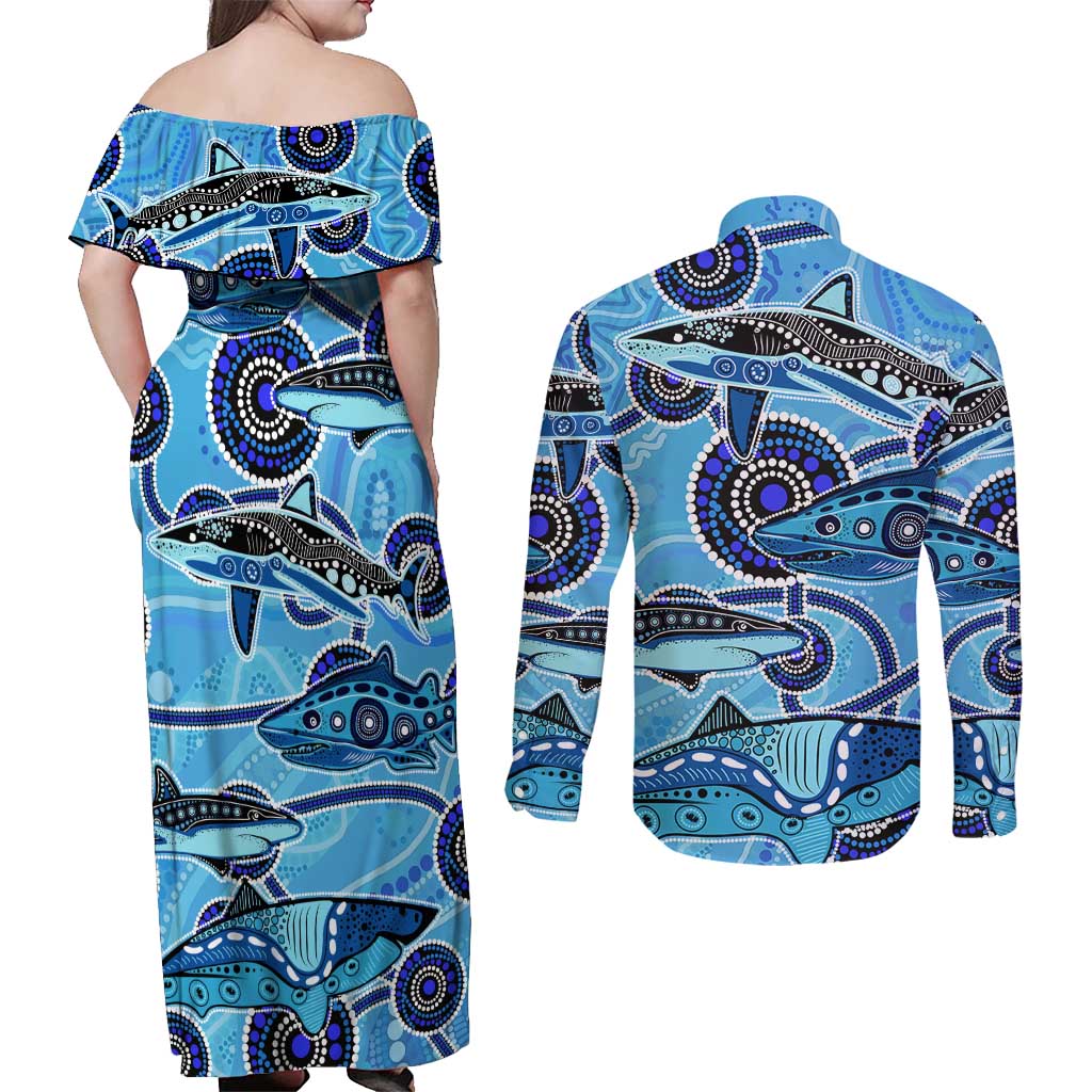 Sharks Aboriginal Australia Couples Matching Off Shoulder Maxi Dress and Long Sleeve Button Shirt Indigenous Art Blue