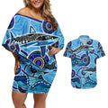 Sharks Aboriginal Australia Couples Matching Off Shoulder Short Dress and Hawaiian Shirt Indigenous Art Blue
