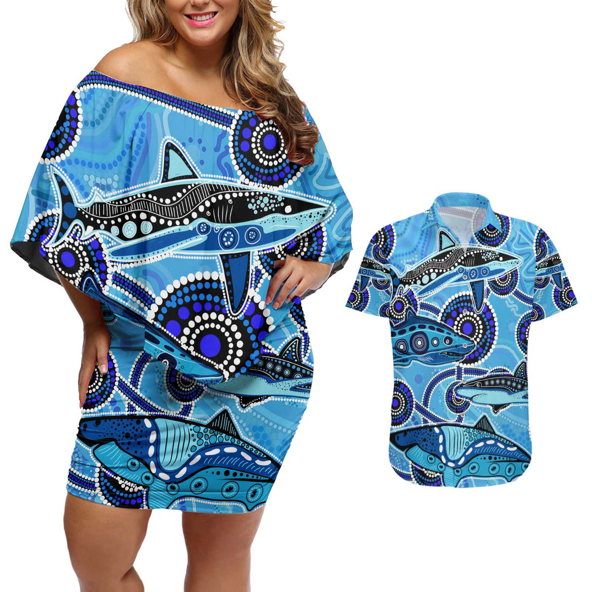 Sharks Aboriginal Australia Couples Matching Off Shoulder Short Dress and Hawaiian Shirt Indigenous Art Blue