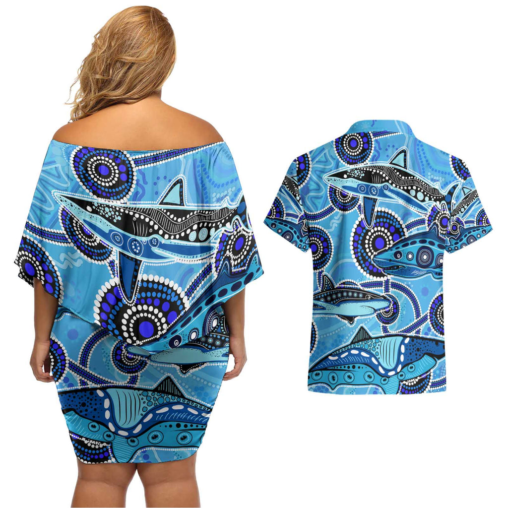Sharks Aboriginal Australia Couples Matching Off Shoulder Short Dress and Hawaiian Shirt Indigenous Art Blue