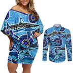 Sharks Aboriginal Australia Couples Matching Off Shoulder Short Dress and Long Sleeve Button Shirt Indigenous Art Blue