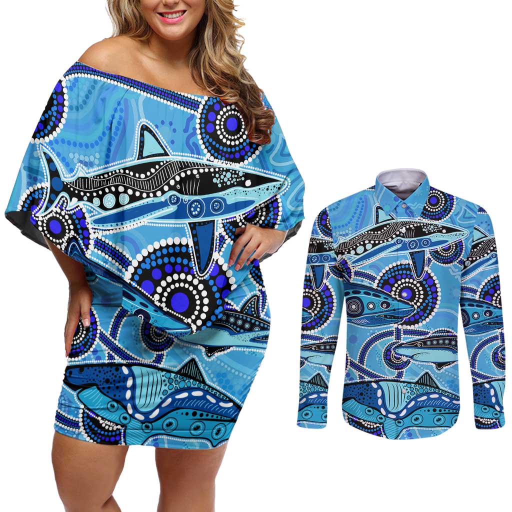 Sharks Aboriginal Australia Couples Matching Off Shoulder Short Dress and Long Sleeve Button Shirt Indigenous Art Blue