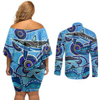 Sharks Aboriginal Australia Couples Matching Off Shoulder Short Dress and Long Sleeve Button Shirt Indigenous Art Blue