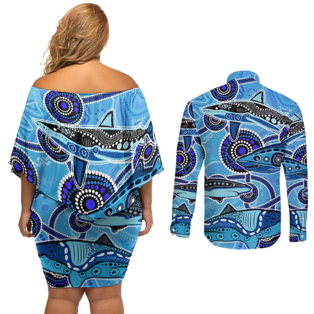 Sharks Aboriginal Australia Couples Matching Off Shoulder Short Dress and Long Sleeve Button Shirt Indigenous Art Blue