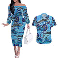 Sharks Aboriginal Australia Couples Matching Off The Shoulder Long Sleeve Dress and Hawaiian Shirt Indigenous Art Blue