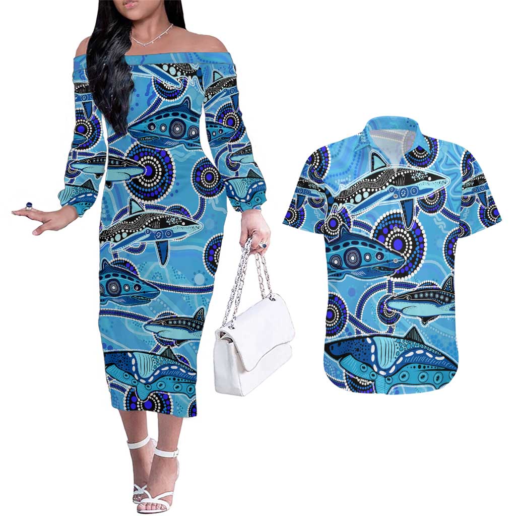 Sharks Aboriginal Australia Couples Matching Off The Shoulder Long Sleeve Dress and Hawaiian Shirt Indigenous Art Blue