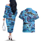 Sharks Aboriginal Australia Couples Matching Off The Shoulder Long Sleeve Dress and Hawaiian Shirt Indigenous Art Blue