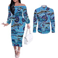 Sharks Aboriginal Australia Couples Matching Off The Shoulder Long Sleeve Dress and Long Sleeve Button Shirt Indigenous Art Blue