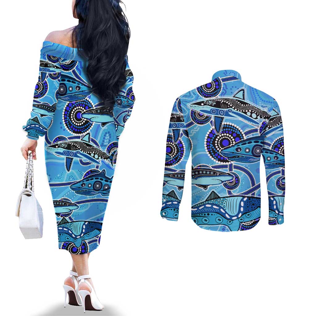 Sharks Aboriginal Australia Couples Matching Off The Shoulder Long Sleeve Dress and Long Sleeve Button Shirt Indigenous Art Blue