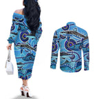 Sharks Aboriginal Australia Couples Matching Off The Shoulder Long Sleeve Dress and Long Sleeve Button Shirt Indigenous Art Blue