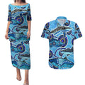 Sharks Aboriginal Australia Couples Matching Puletasi and Hawaiian Shirt Indigenous Art Blue