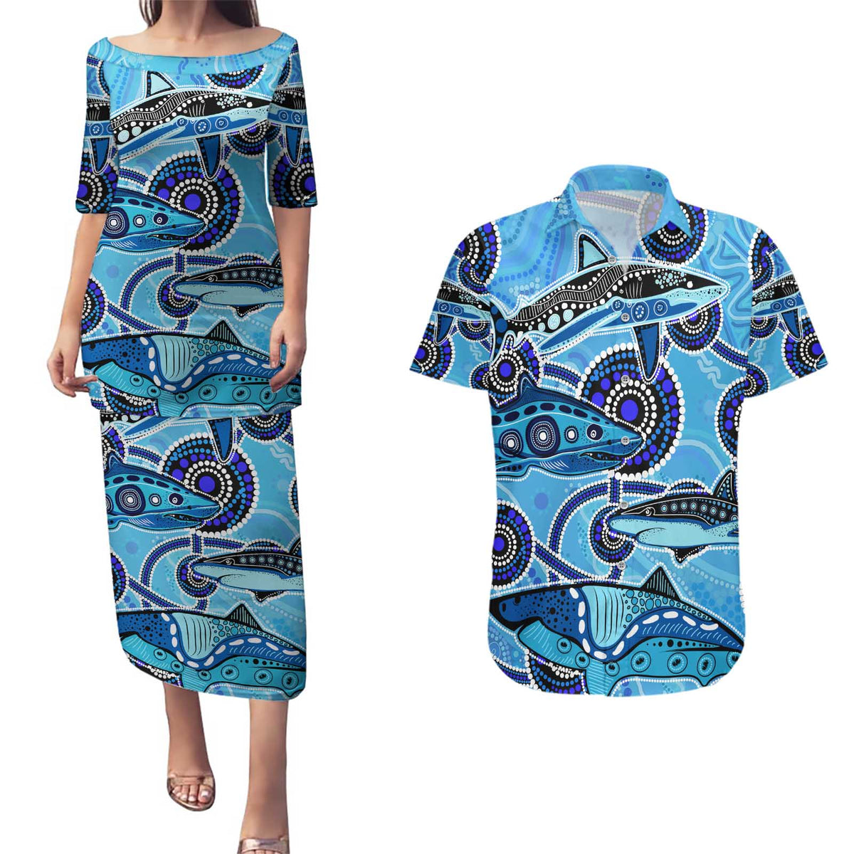 Sharks Aboriginal Australia Couples Matching Puletasi and Hawaiian Shirt Indigenous Art Blue