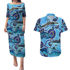 Sharks Aboriginal Australia Couples Matching Puletasi and Hawaiian Shirt Indigenous Art Blue