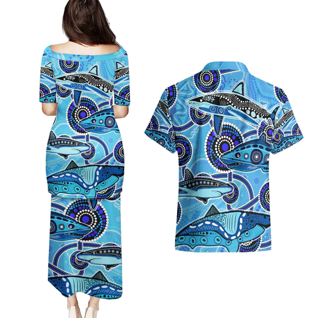 Sharks Aboriginal Australia Couples Matching Puletasi and Hawaiian Shirt Indigenous Art Blue
