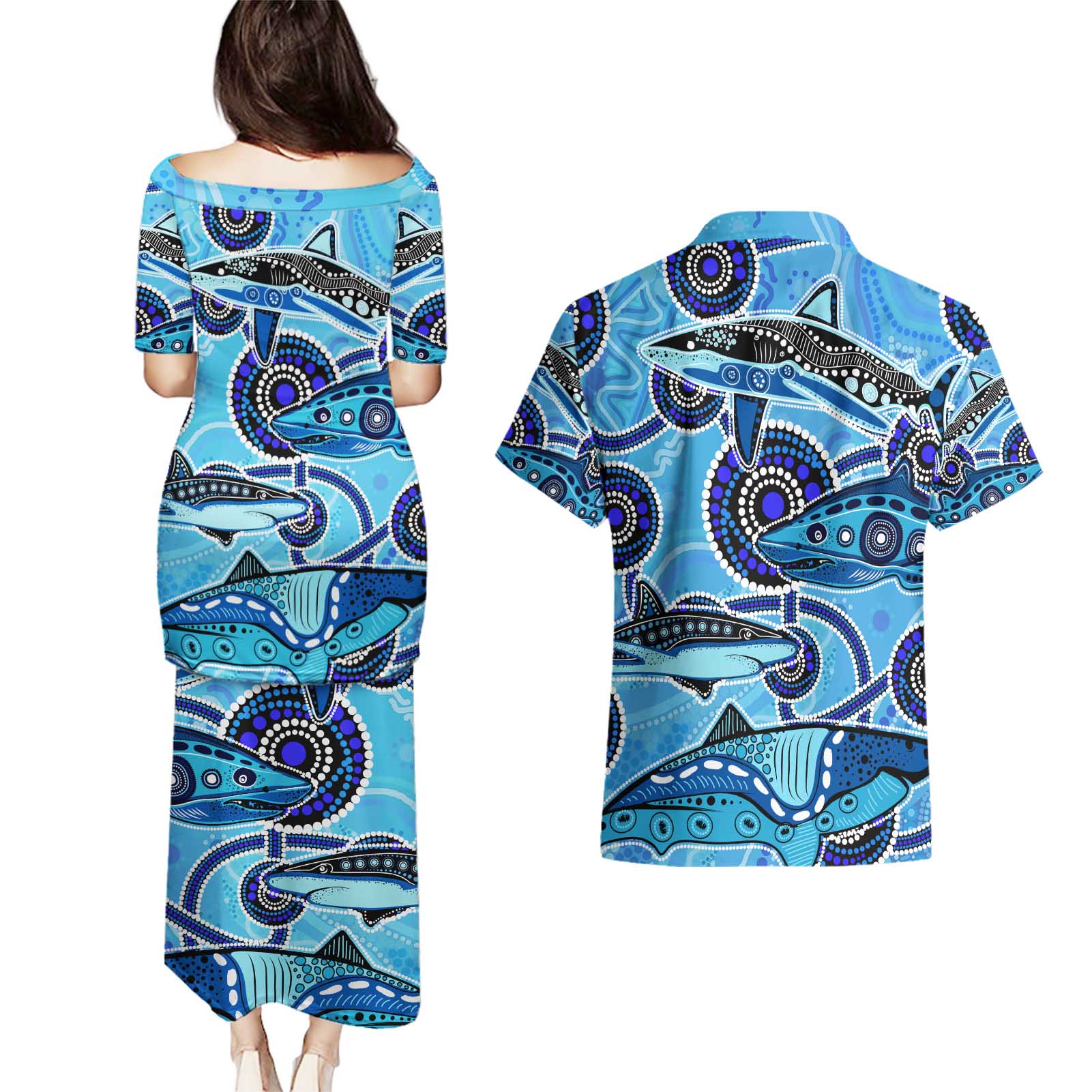 Sharks Aboriginal Australia Couples Matching Puletasi and Hawaiian Shirt Indigenous Art Blue