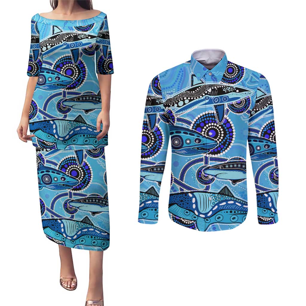 Sharks Aboriginal Australia Couples Matching Puletasi and Long Sleeve Button Shirt Indigenous Art Blue