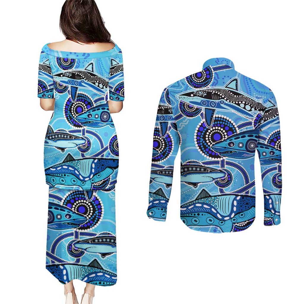 Sharks Aboriginal Australia Couples Matching Puletasi and Long Sleeve Button Shirt Indigenous Art Blue
