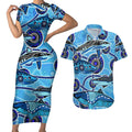 Sharks Aboriginal Australia Couples Matching Short Sleeve Bodycon Dress and Hawaiian Shirt Indigenous Art Blue