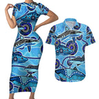 Sharks Aboriginal Australia Couples Matching Short Sleeve Bodycon Dress and Hawaiian Shirt Indigenous Art Blue