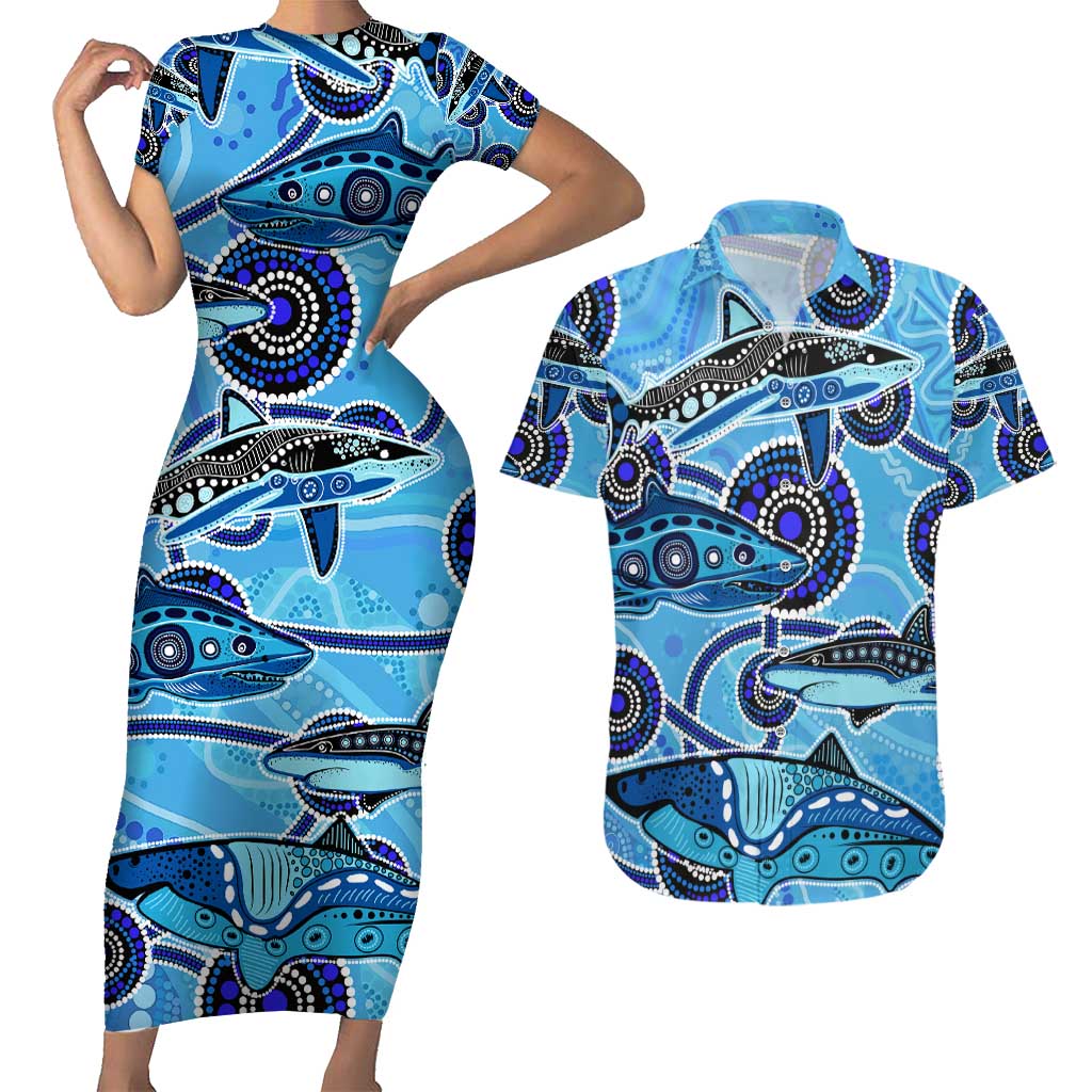 Sharks Aboriginal Australia Couples Matching Short Sleeve Bodycon Dress and Hawaiian Shirt Indigenous Art Blue