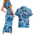 Sharks Aboriginal Australia Couples Matching Short Sleeve Bodycon Dress and Hawaiian Shirt Indigenous Art Blue