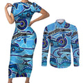 Sharks Aboriginal Australia Couples Matching Short Sleeve Bodycon Dress and Long Sleeve Button Shirt Indigenous Art Blue
