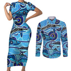Sharks Aboriginal Australia Couples Matching Short Sleeve Bodycon Dress and Long Sleeve Button Shirt Indigenous Art Blue