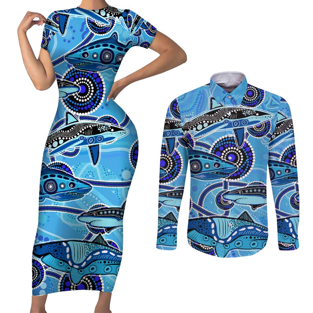 Sharks Aboriginal Australia Couples Matching Short Sleeve Bodycon Dress and Long Sleeve Button Shirt Indigenous Art Blue