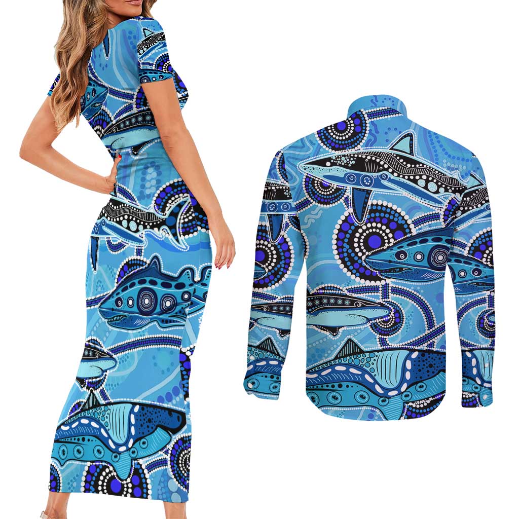Sharks Aboriginal Australia Couples Matching Short Sleeve Bodycon Dress and Long Sleeve Button Shirt Indigenous Art Blue