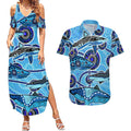 Sharks Aboriginal Australia Couples Matching Summer Maxi Dress and Hawaiian Shirt Indigenous Art Blue